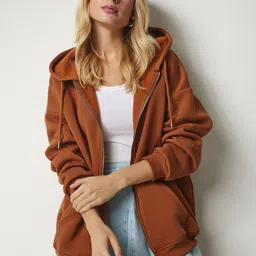 Happiness istanbul Hood Front-Open Long Sleeves Straight Cotton Sweatshirt image 5