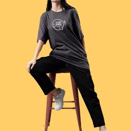 Mad Over Print Round Neck Applique Cotton Oversized Tshirt image 5