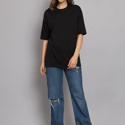 Imsa Moda Typography Printed Round Neck Cotton Oversized T-shirt image 3