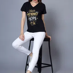 Fleximaa Women Typography 2 Printed V-Neck Pure Cotton T-shirt image 5