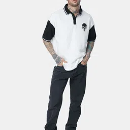 The Souled Store Men White & Black Colourblocked Polo Collar Oversize Oversized T-Shirt image 5