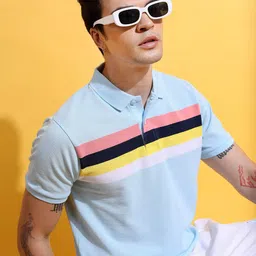 HIGHLANDER Blue Striped Polo Collar Slim Fit T-shirt image 2