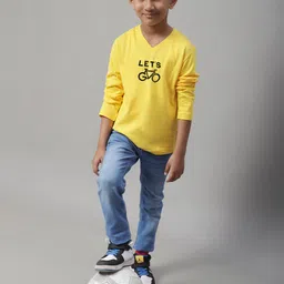 Friskers Boys Yellow Typography Printed V-Neck Applique T-shirt image 2