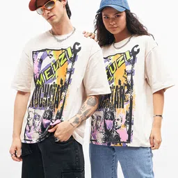 MASCLN SASSAFRAS Unisex Beige Music Printed Drop Shoulder Sleeves Cotton Oversized T-shirt-picture-31