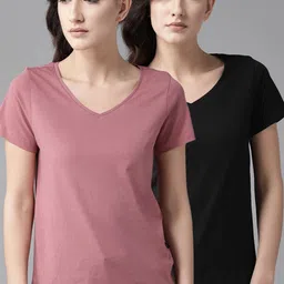 Roadster Women Pack Of 2 V-Neck Cotton Pure Cotton T-shirts-image-4