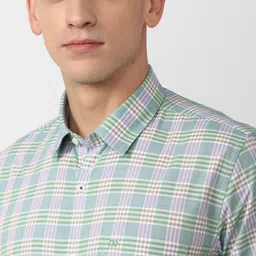 Peter England Men Green Tartan Checks Checked Formal Shirt image 2