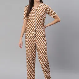 Cation Women White & Tan Brown Printed Pure Cotton Night Suit-picture-31