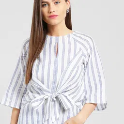 Be Indi Women White & Blue Striped Keyhole Neck Cinched Pure Cotton Waist Top image 1