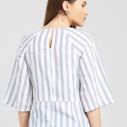 Be Indi Women White & Blue Striped Keyhole Neck Cinched Pure Cotton Waist Top image 4