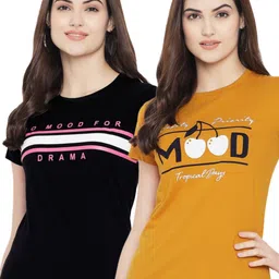 fabflee Women Printed Round Neck Pure Cotton Black, Yellow T-Shirt-picture-12