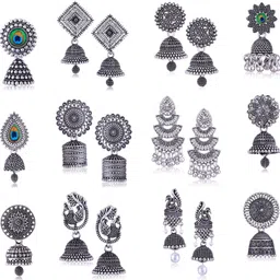 divastri silver earrings jhumki combo oxidised earrings jhumka south indian temple party Beads, Pearl, Cubic Zirconia, Diamond Brass, Enamel, Copper, Zinc, Stone, Silver Drops & Danglers, Chandbali Earring, Earring Set, Jhumki Earring-picture-10