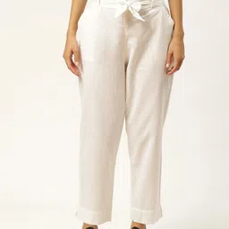 sathray Women Regular Fit White Cotton Blend Trousers image 1
