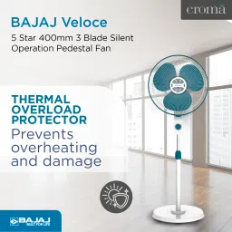 BAJAJ Veloce 5 Star 400mm 3 Blade Silent Operation Pedestal Fan (Thermal Overload Protector, White & Ocean Blue) image 5