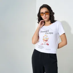 honey by pantaloons Women Printed Round Neck Cotton Blend White T-Shirt-picture-13