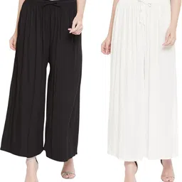 ramadyers Pack of 2 Women Comfort Fit Black, White Viscose Rayon Trousers-picture-19