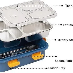 kitchenq Leakage Proof Stainless Steel Lunch Box with Fork,Chopstick & Spoon 3 Containers Lunch Box image 2