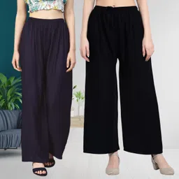 Women Regular Fit Blue, Black Viscose Rayon Trousers-image-1