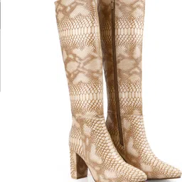 bxxy Women’s Premium Beige Faux Leather Trendy Snakeskin Knee-High Block Heel Boots Slip On For Women image 1