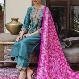 vredevogel Women Cotton Silk Kurta Pant Dupatta Set image 4