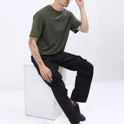 highlander Popcorn Structured Men Solid Round Neck Cotton Blend Green T-Shirt image 3