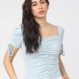 tokyo talkies Casual Regular Sleeves Solid Women Light Blue Top-picture-23