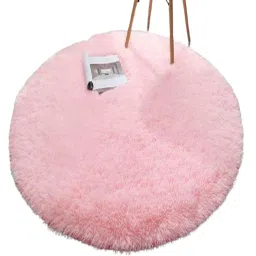 aaho decor Pink Solid Polyester 6X6 Feet Machine Made Shaggy Round Carpet image 3