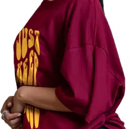 leotude Women Printed Round Neck Cotton Blend Maroon T-Shirt image 3