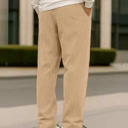 roadster Men Regular Fit White, Beige Cotton Blend Trousers image 4