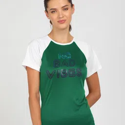 shashvi Women Typography, Colorblock Round Neck Polyester Green, White T-Shirt image 1