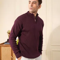kvetoo Men Solid Collared Neck Purple Sweater image 4