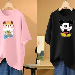 rapturous Pack of 2 Women Printed Round Neck Cotton Blend Pink, Black T-Shirt-picture-12