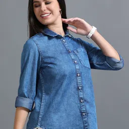 cazzba Women Regular Fit Solid Cut Away Collar Casual Shirt image 3