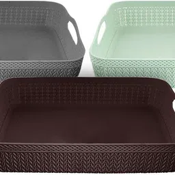 Plastic Q-3 Multiuses Plastic Storage Basket Pack of 3 (Brown & Green & Grey) Storage Basket-image-75