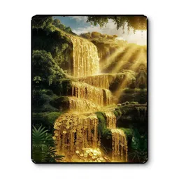 saf Golden Coin Waterfall Painting | Luxury Prosperity & Vastu for Home & Office Digital Reprint 14 inch x 11 inch Painting image 1