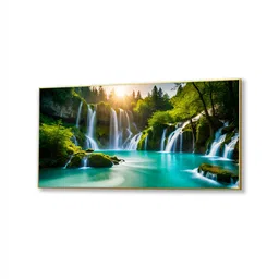 nestroots Gold Canvas Framed Majestic Waterfall in Plitvice Lake Wall Painting(24X48 Inch) image 3