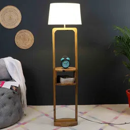 sapphire White Iron & Cloth Shade Shelf Floor Lamp With Wood Base image 1