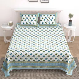 Turquoise Floral 144 TC Cotton King Bedsheet and 2 Pillow Cover by UniqChoice image 2