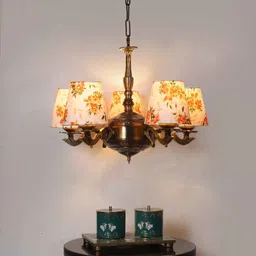 new era Devansh 05 Lights Printed conical cotton shade with Antique Golden Chandelier -A image 1