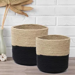 habereindia Natural Jute Baskets,Designer Storage And Shelves Baskets,Round Plant Basket -Round,(Black & Beige,2 Piece Set-6 & 8 Inches) image 1
