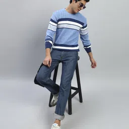 silvanus Men Striped Round Neck Blue, White Sweater-picture-10