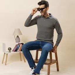 tysort Men Self Design Collared Neck Grey Sweater image 3