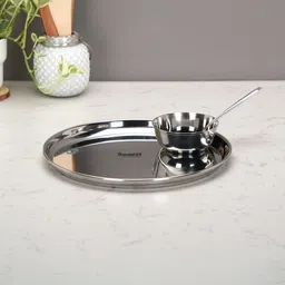 sumeet Pack of 3 Stainless Steel Stainless Steel Heavy Gauge Dinner set of 3 Pcs (1 Plate,1 Bowl,1 Spoon), Silver Dinner Set image 1