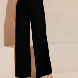 yozo Women Slim Fit Black Linen Blend Trousers-picture-21