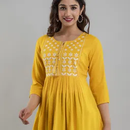 khyati kurties Casual Regular Sleeves Embroidered Women Yellow Top image 3