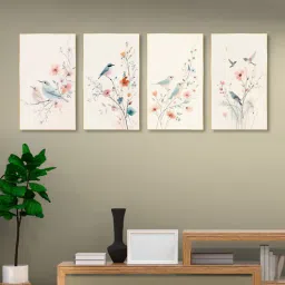 nestroots Bird Art Set of 4 Canvas Wall Painting Gold Frame-picture-14