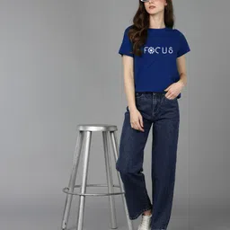 adyavastram Women Typography Round Neck Cotton Blend Blue T-Shirt image 4