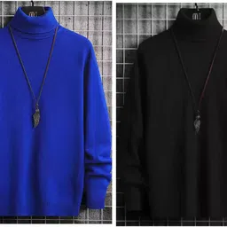 oishee Men Solid High Neck Blue, Black Sweater image 1