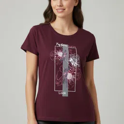 artful Women Graphic Print Round Neck Pure Cotton Maroon T-Shirt image 1