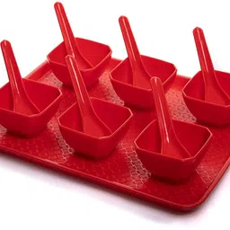 swift international 6 Piece Reusable Square Bowl Spoon and Tray Set, Perfect Serving Dish for Dips, Ice Cream| Snacks| and Candy Durable Hard Plastic| Includes 1 Tray 6 Bowls and 6 Spoons (Green) Tray, Bowl, Spoon Serving Set-picture-10