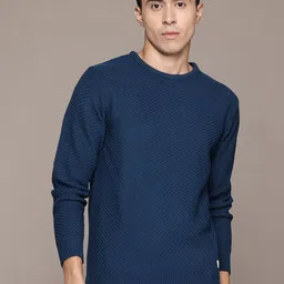 roadster Men Self Design Round Neck Blue Sweater image 1